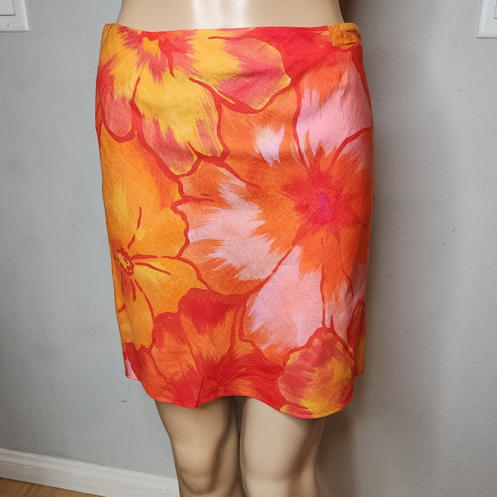 Mirae Mini Skirt Orange Coral Floral Linen Blend Size 34 XS (Altered)